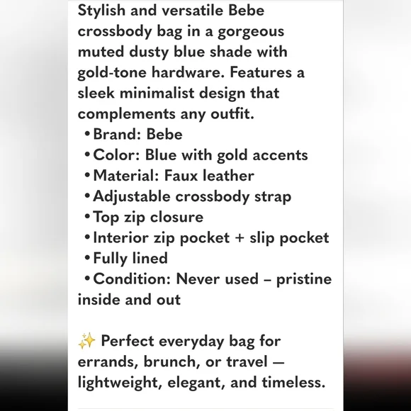 NEW Bebe Chic Blue Faux Leather Crossbody Bag-NWOT - Picture 9 of 9